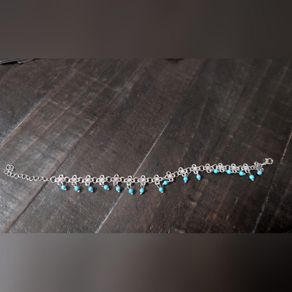 Silver and Turquoise Beaded Anklet - Picture 4 of 5